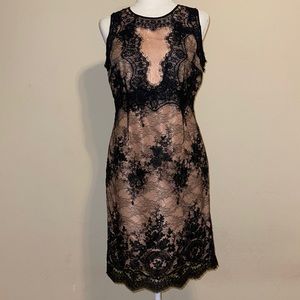 Ivanka Trump salmon, sleeveless blush dress with black lacy overlay, midi length